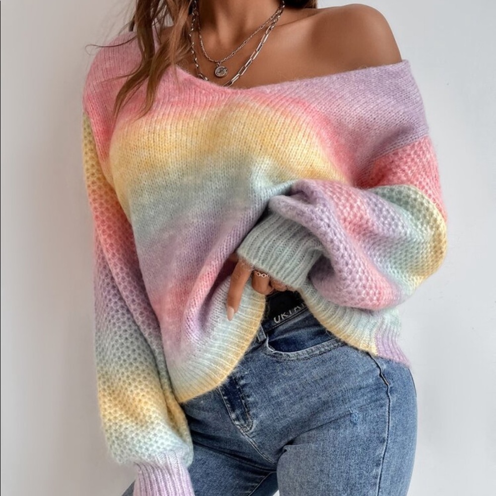 Cozy Color Block V Neck Long Sleeve Sweater Top - Picture 1 of 6